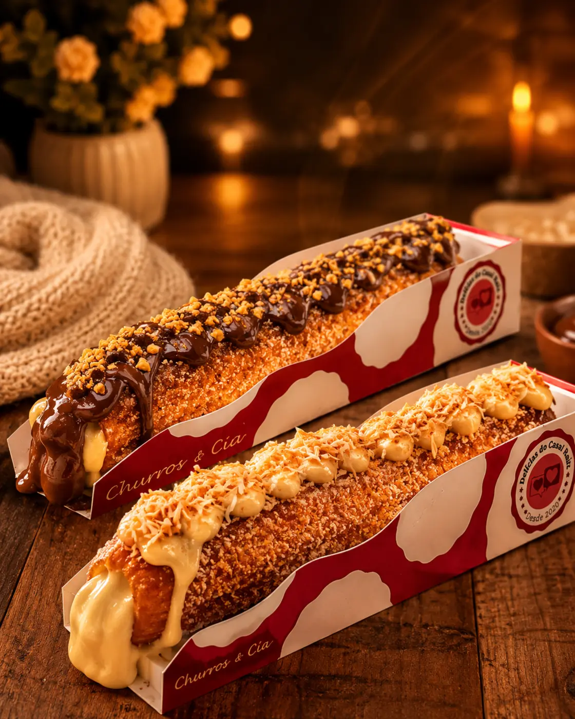 Churros recheados e finalizados Delícias do Casal Raiz